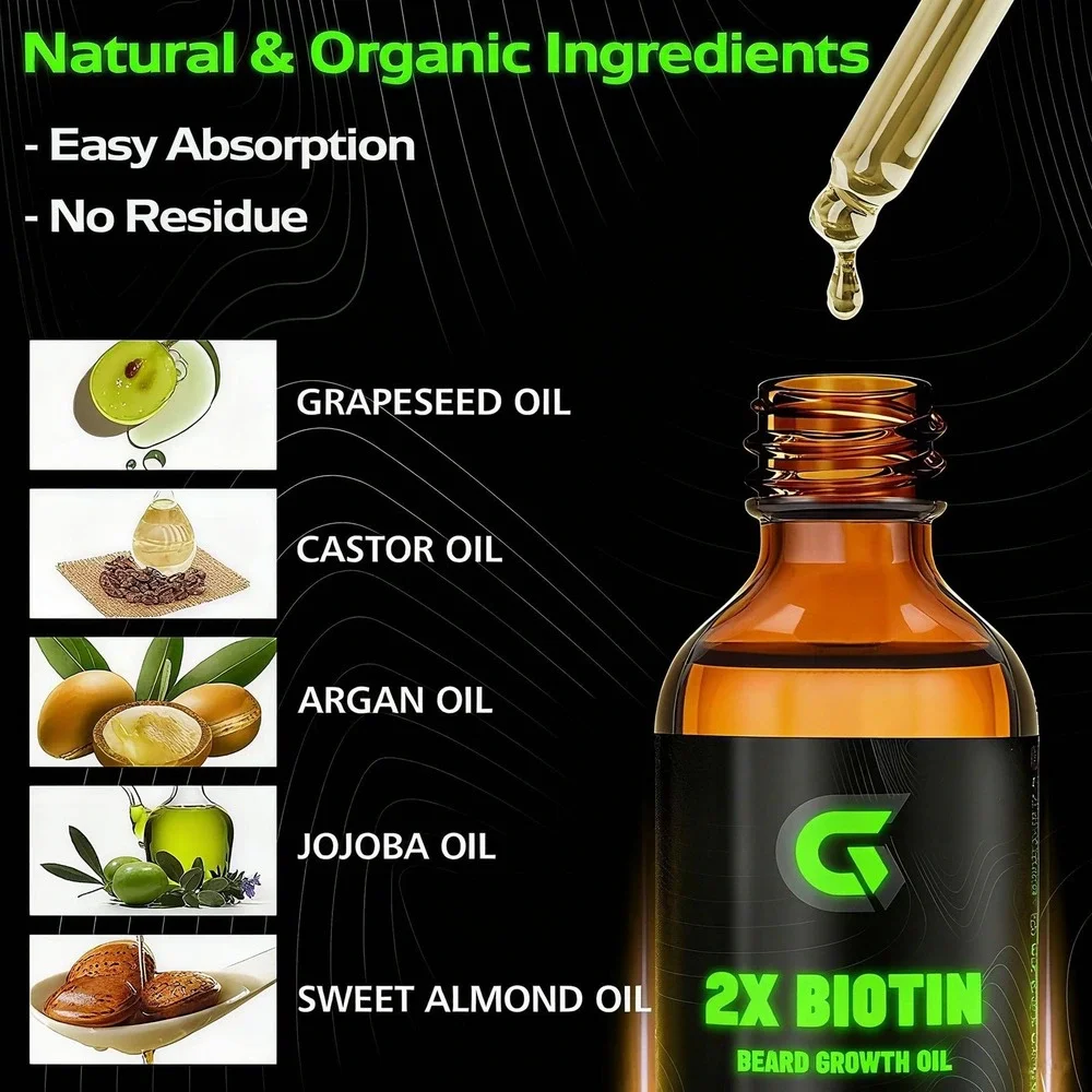 Biotin 2X Beard Growth Oil Men Natural Organic Standard‎ Size One New Retro